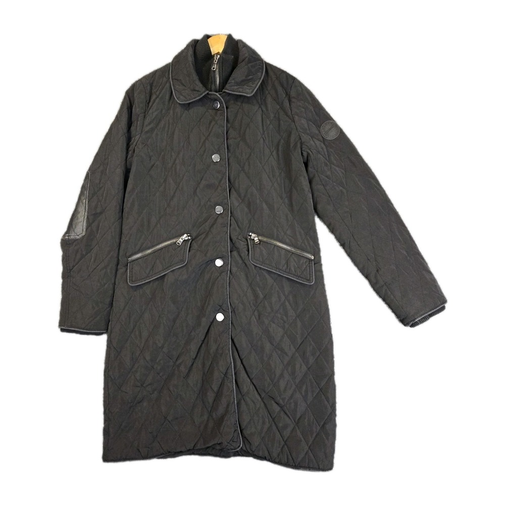 Lauren Ralph Lauren‎ Quilted Black Long Coat Jacket XS Faux Leather Elbow Pads